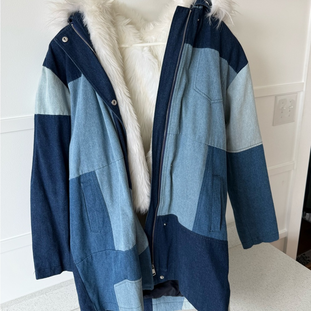 Urban Outfitters Patchwork Denim Parka with Faux Fur Trim